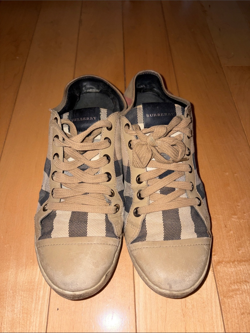 Burberry Women’s Tan and Black Striped Low-Top Sneakers